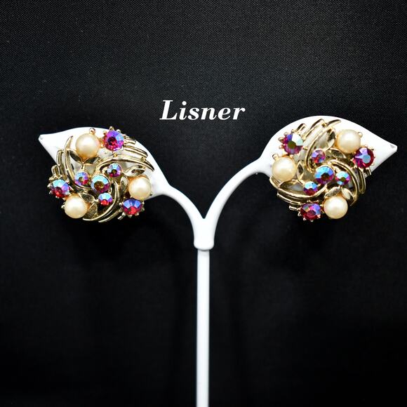 Vintage Lisner AB Red Rhinestone Earrings, Faux Pearls, Screw Backs, 1950s - Picture 1 of 10